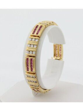 18k Gold Over Sterling Silver Lab Created Pink Sapphire & CZ Bracelet 7 3/8" in